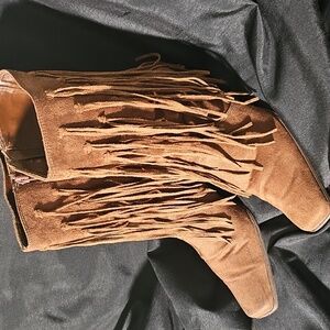 VINTAGE square-toe Splash Fringe Boots - Brown GUC sz 10